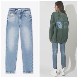 Anine Bing Sonya High Rise Button Fly Ankle Slim Leg Jeans Light Blue Wash 30